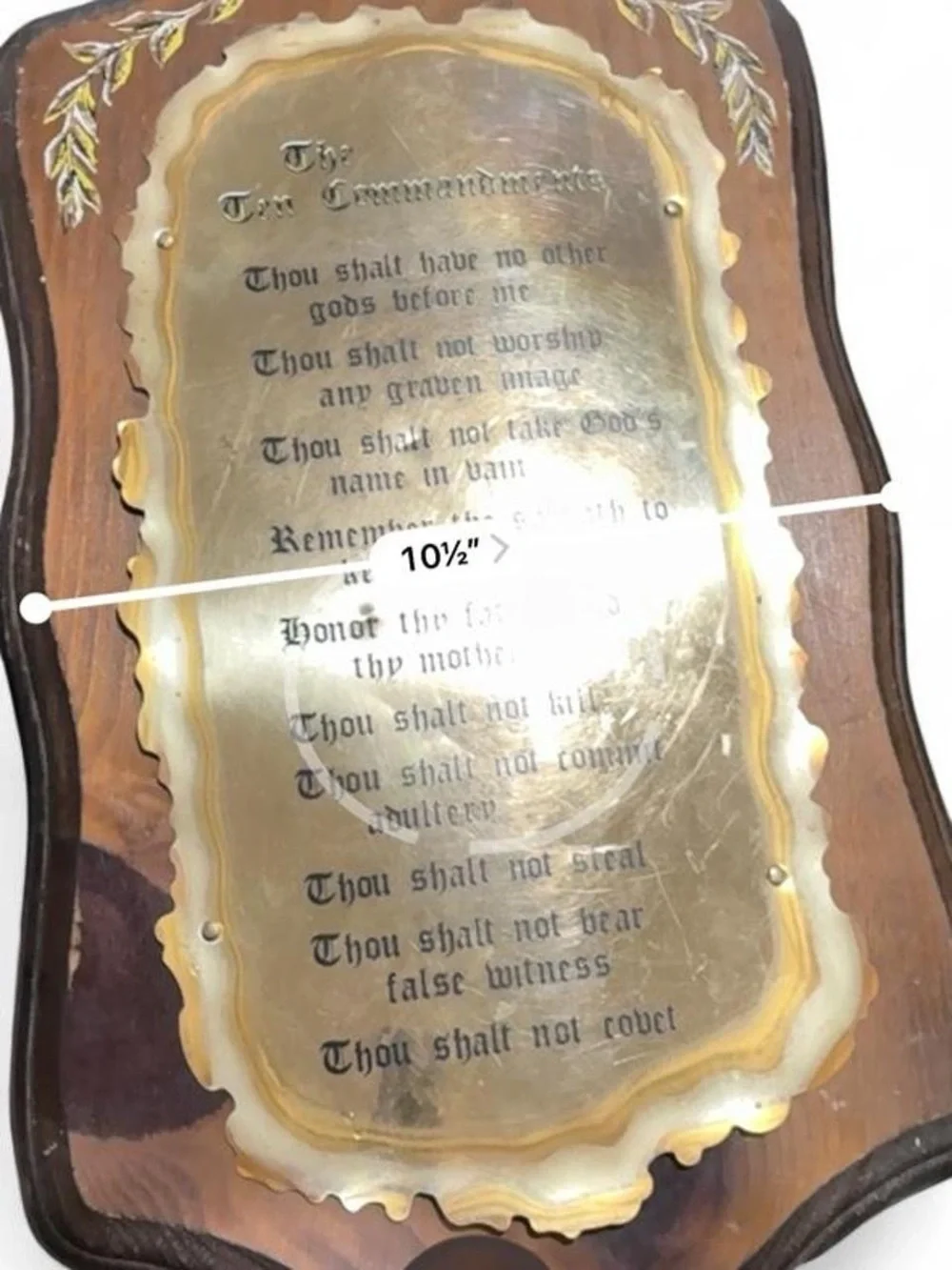 Vintage Wooden Ten Commandments Wall Plaque Brass Metal Plate Floral Accents 19